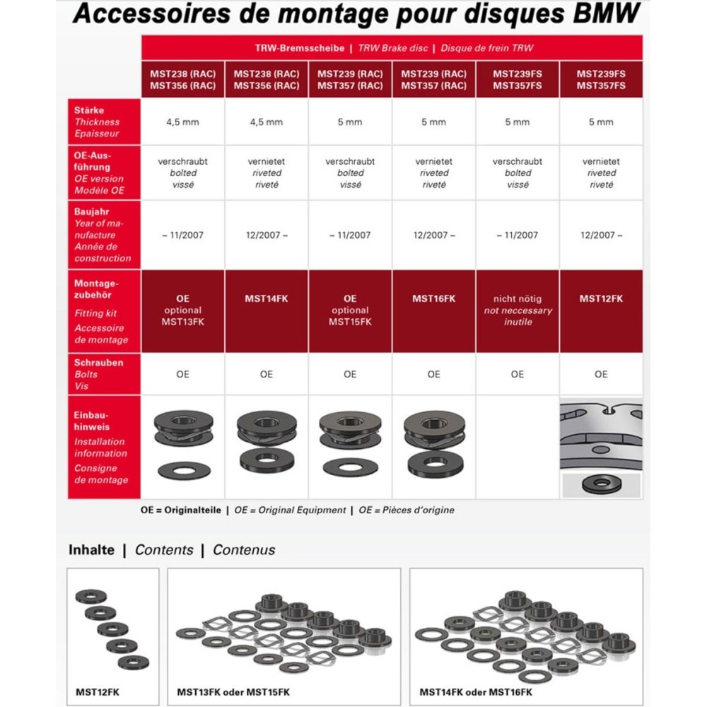 Kit de montage Disque TRW pour BMW MSTxxFK